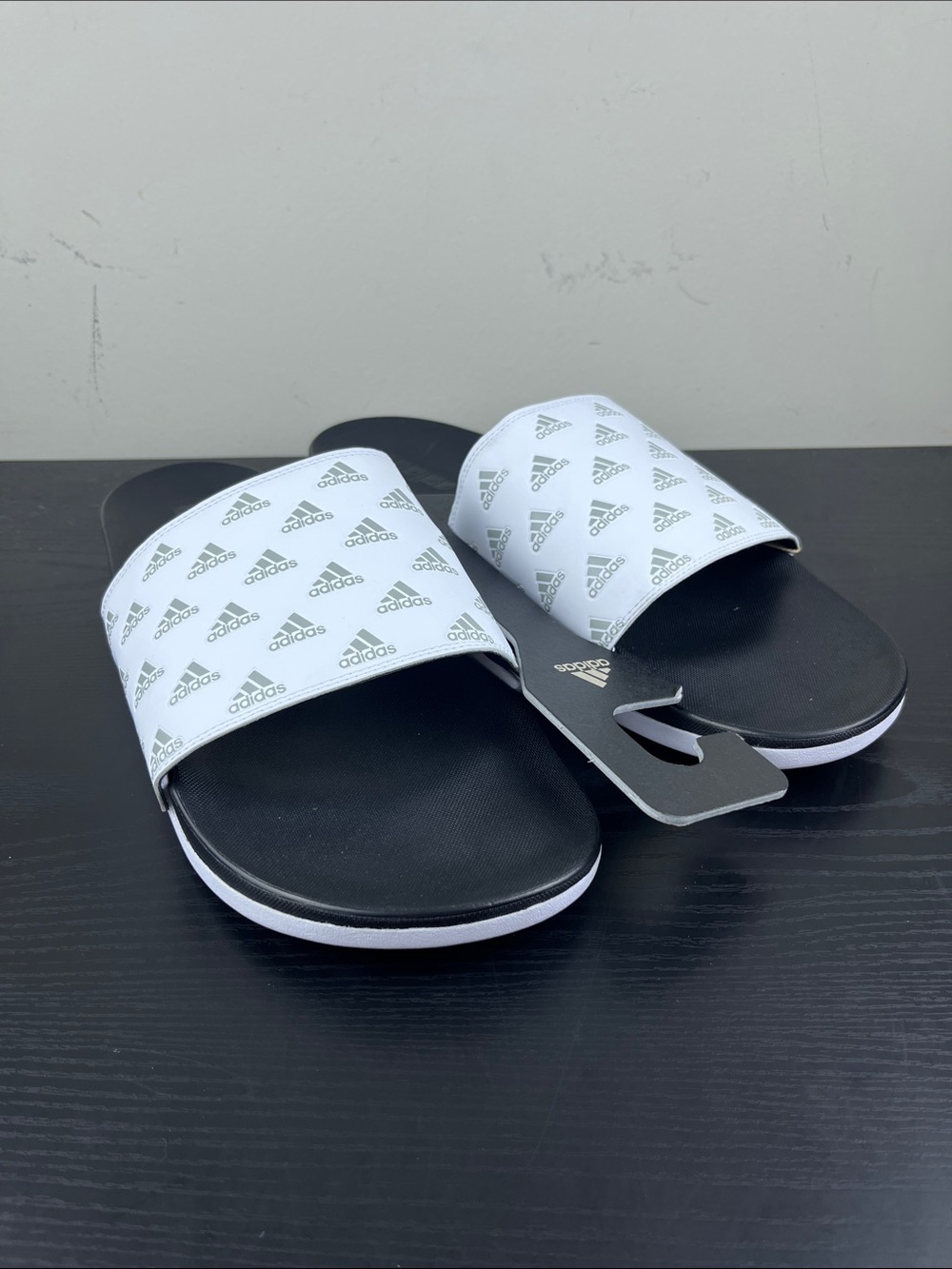 adidas Men's Size 18 White Logo Black Footbed Slide Sandals Slip On NWT